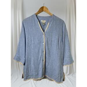 Orvis Blue Linen Blend Button Front Tunic Shirt Cream Whipstitch Women's Medium